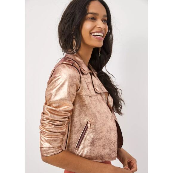 NWT Anthropologie Brisa Metallic Cropped Faux Leather Moto Jacket Womens Small - Picture 1 of 7
